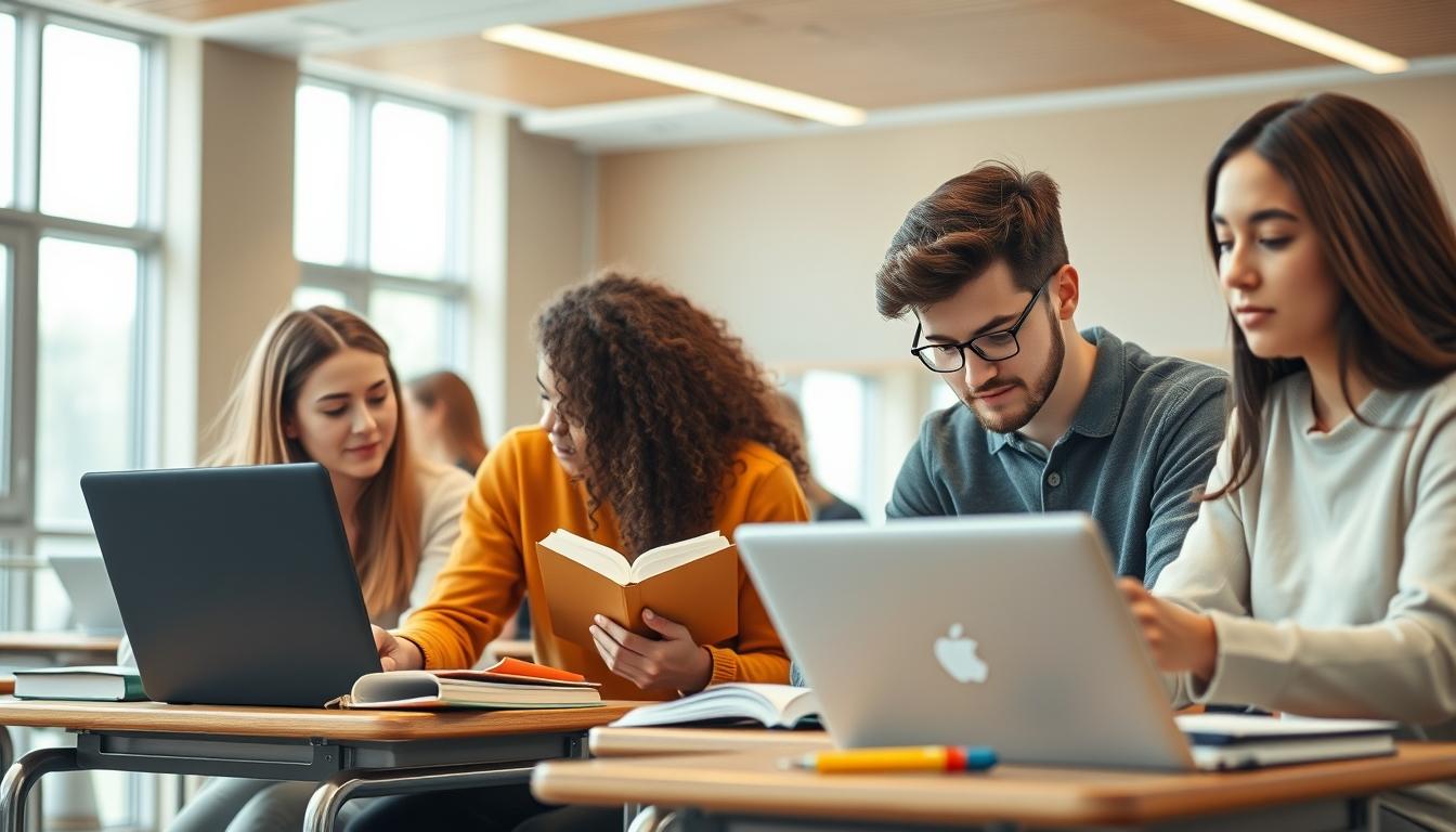 Students studying together in modern classroom
